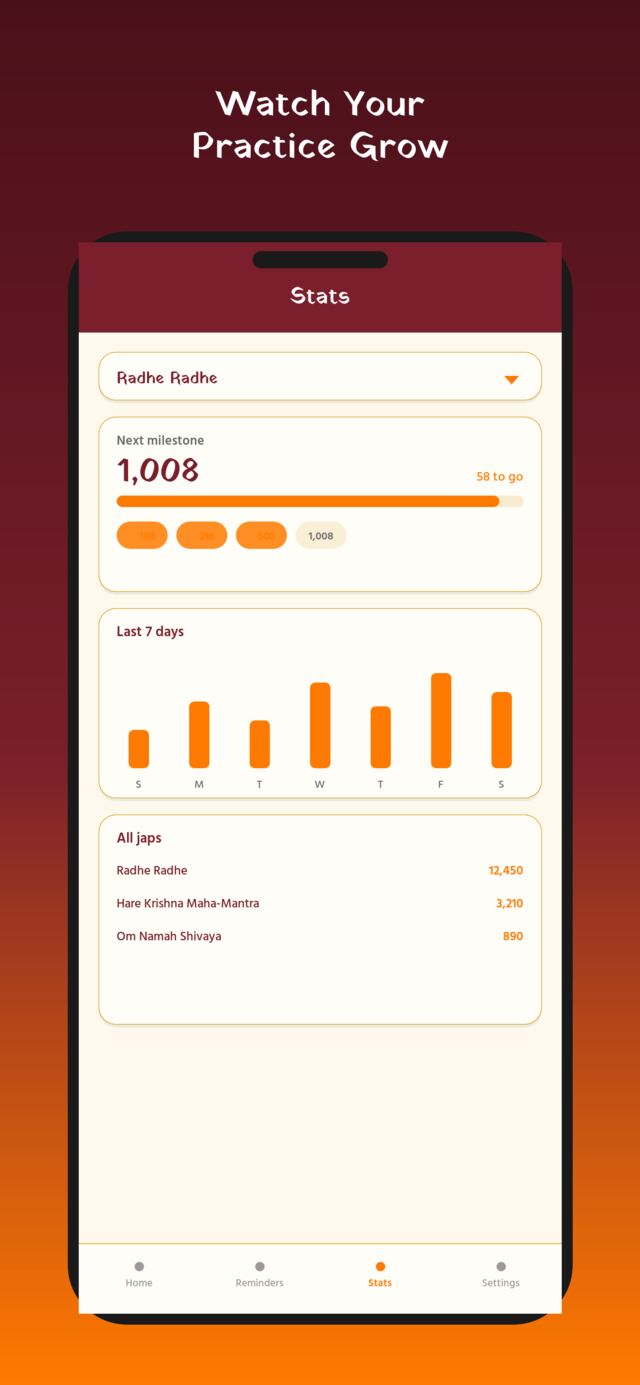 Stats screen with milestones and 7-day chart
